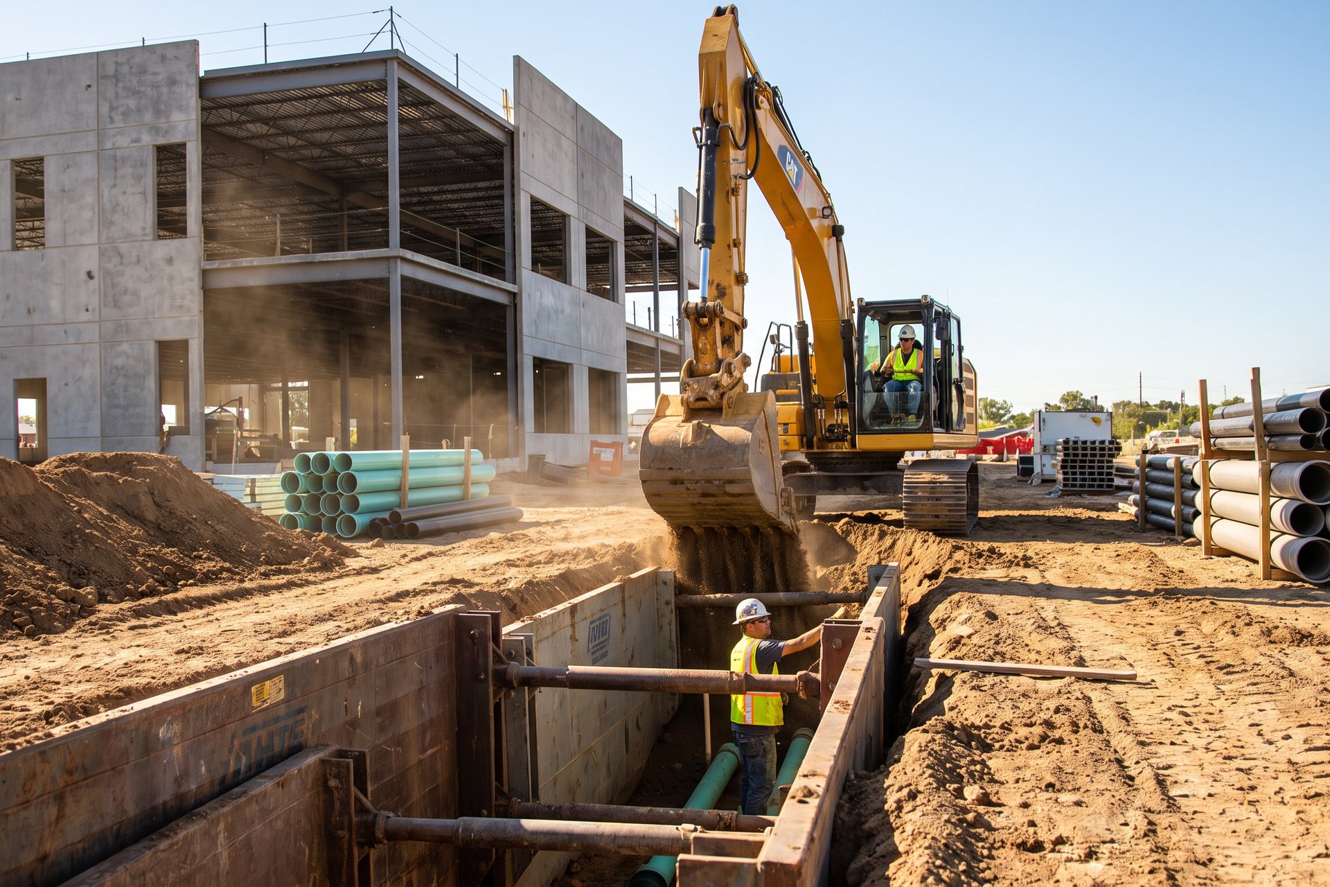 A crew in safety gear works a shored trench beside an excavator on a commercial site