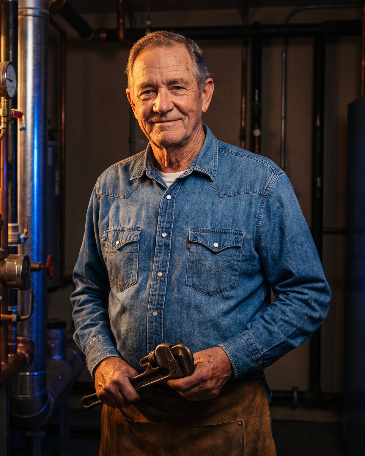 A seasoned plumber stands in a mechanical room beside neatly run copper lines