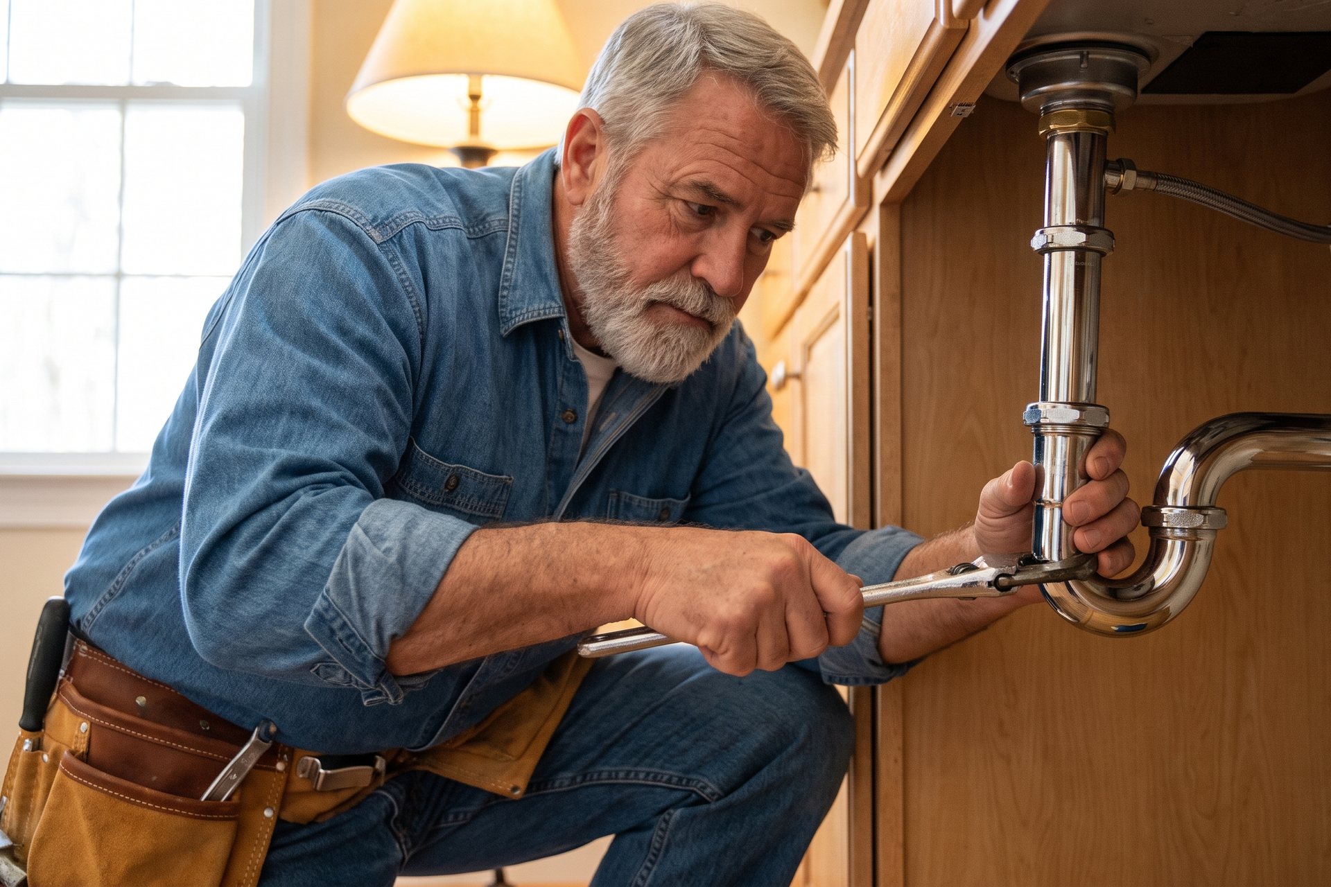 A plumber works beneath a kitchen sink