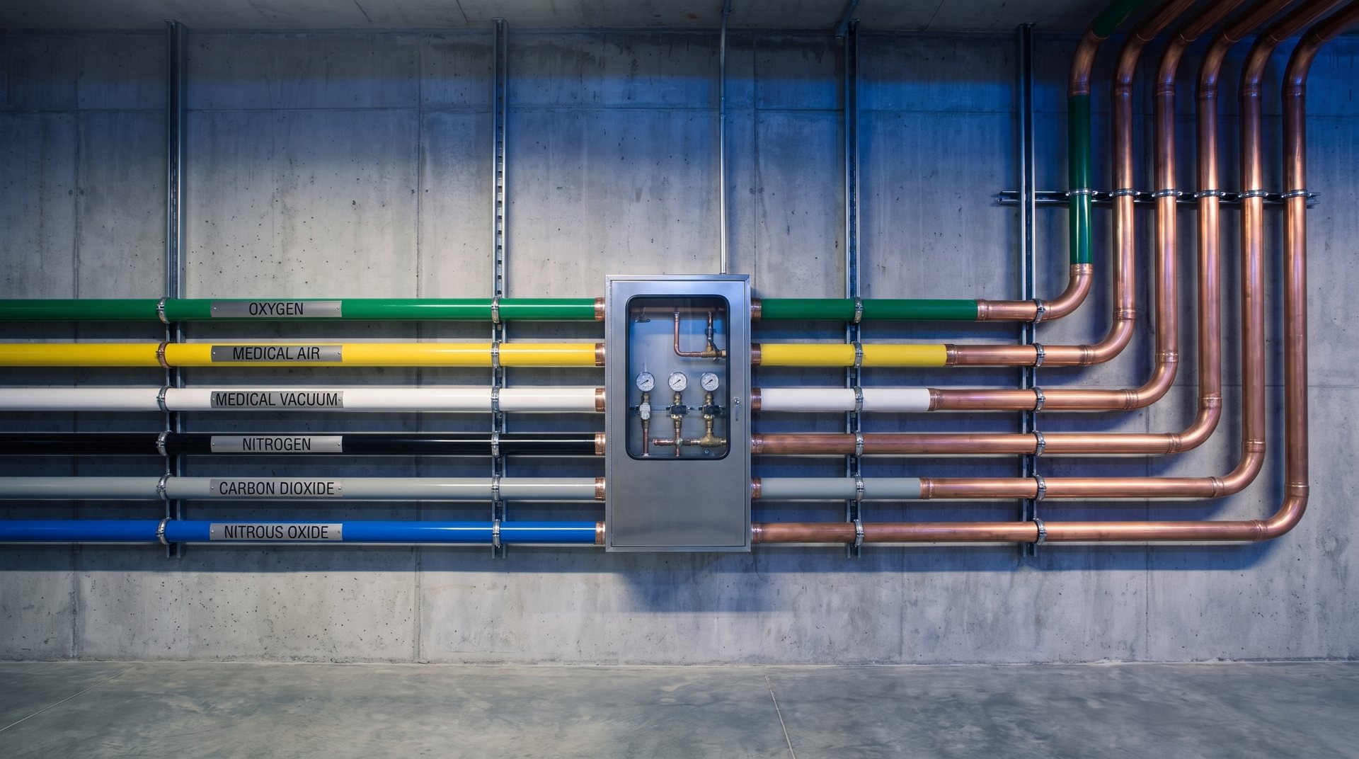 Six labeled medical-gas lines run level along a concrete wall past a zone-valve box and rise together in matched copper bends