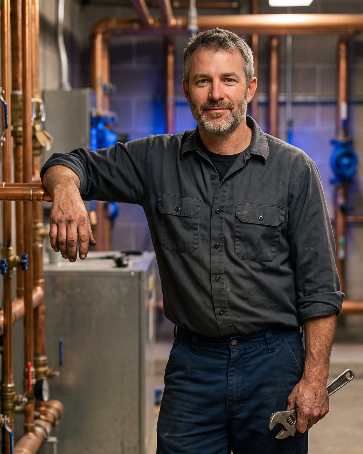 A plumber in his forties leans on a run of copper piping