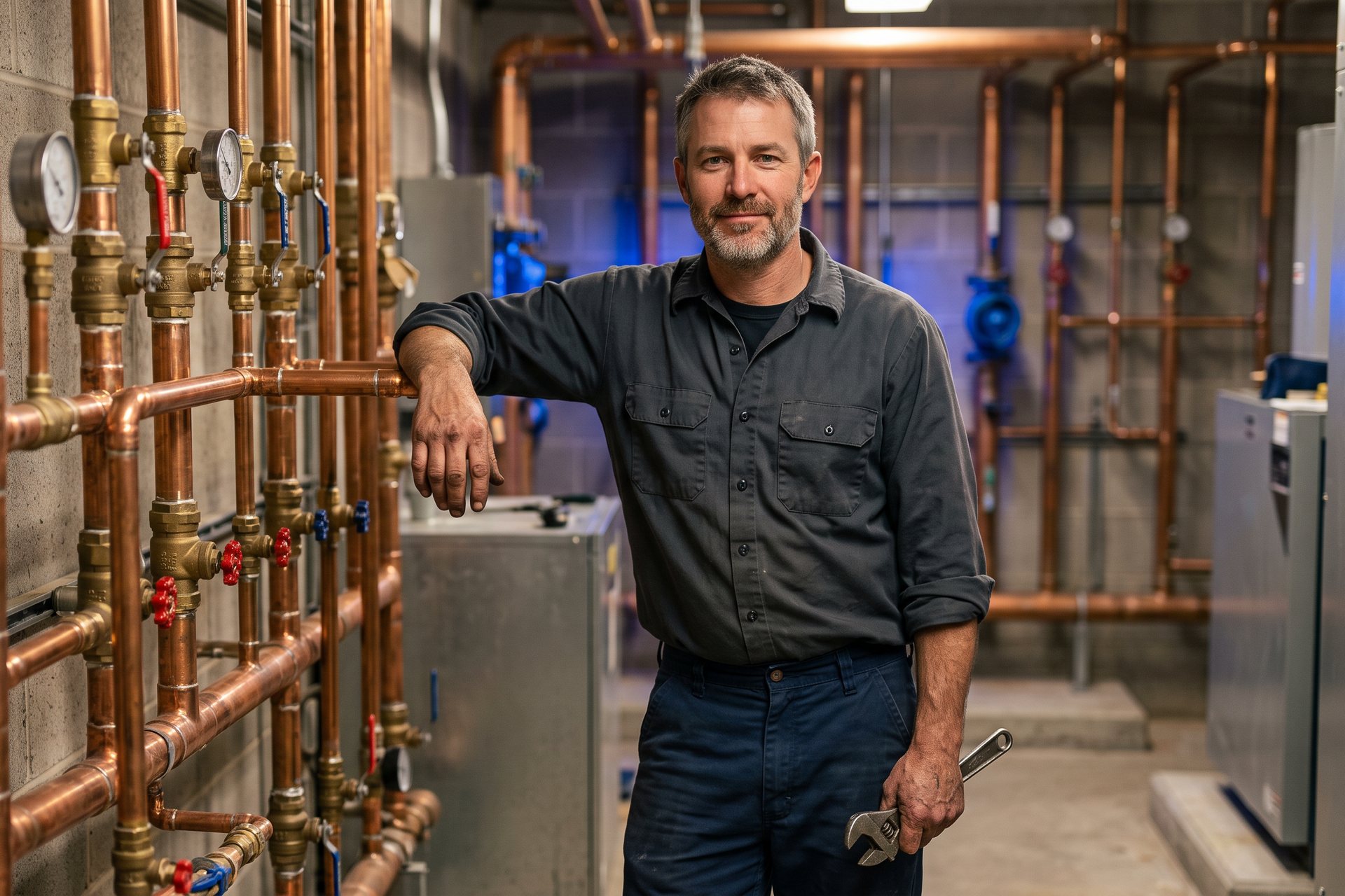 A plumber in his forties leans on a run of copper piping
