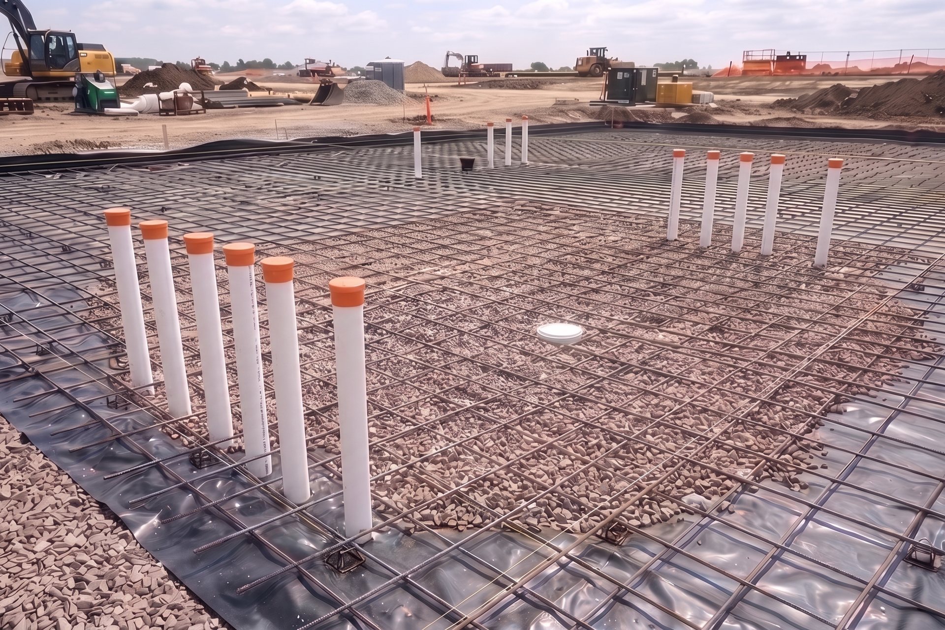 Three capped drain stub-ups rise through the vapor barrier and rebar mat before a slab pour