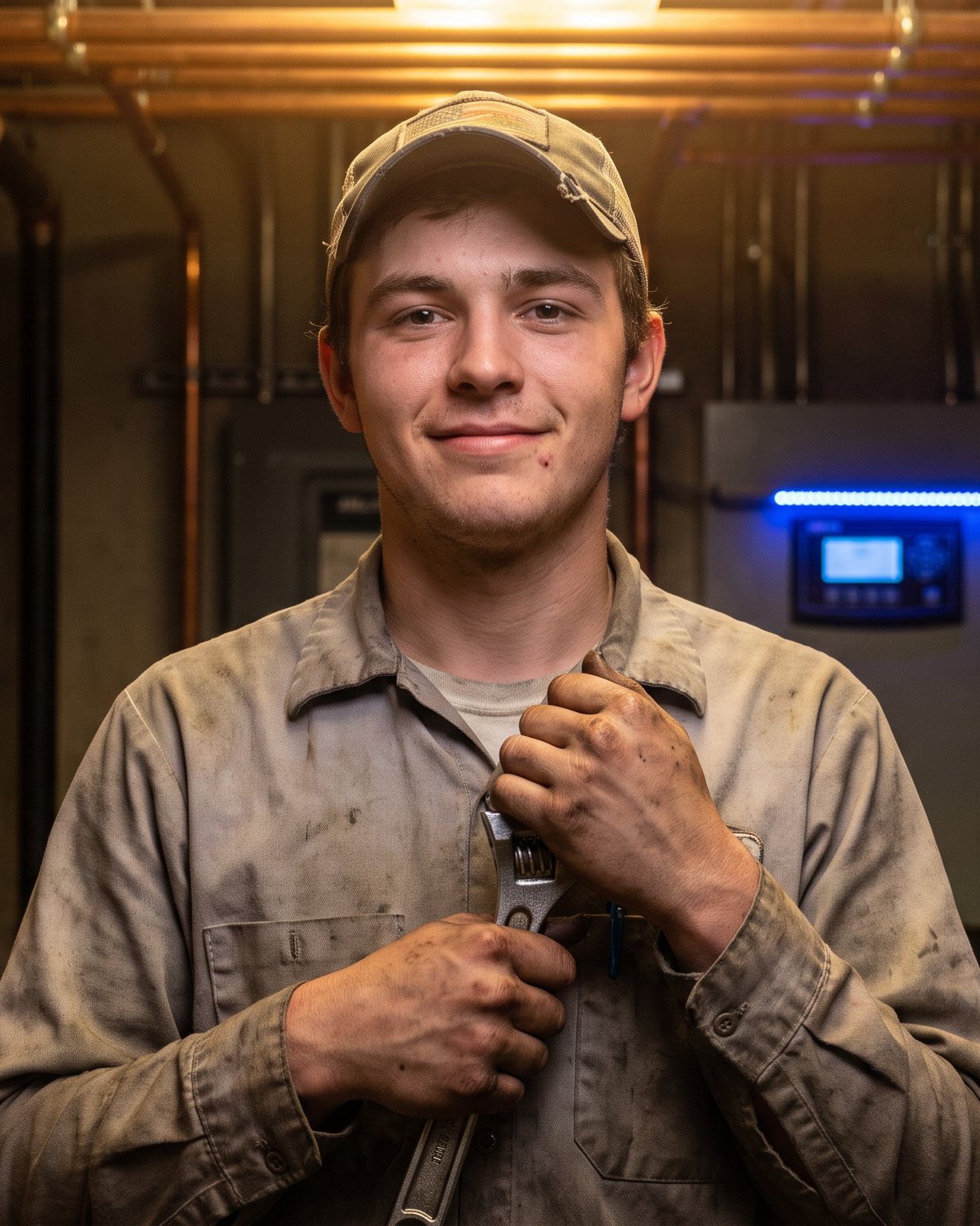 A young tradesman holds a wrench in a copper-lined mechanical room